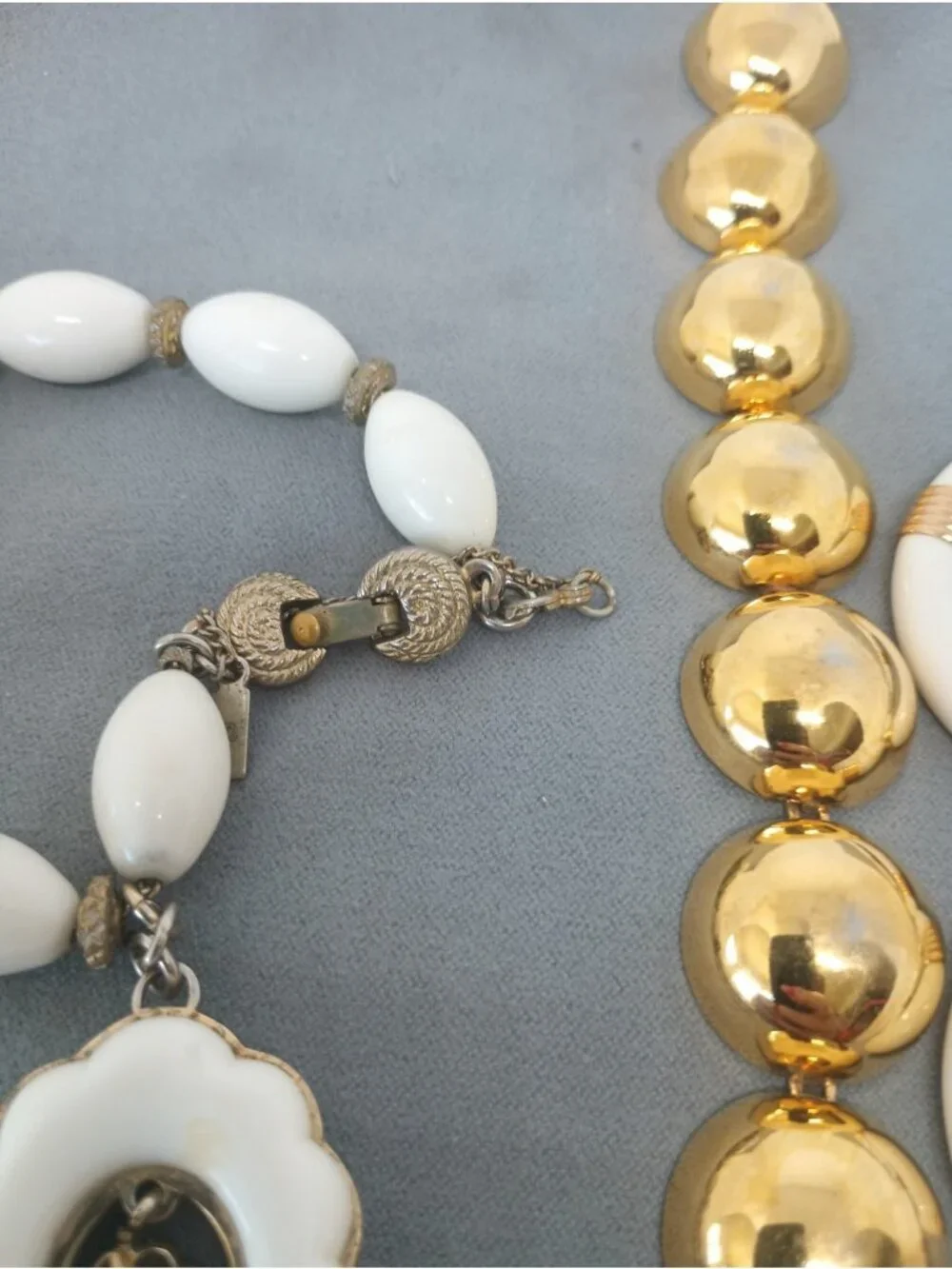 Vtg Monet Lot Bracelet Earring ~Gently loved Gold Half Sphere, White Lucky Charm - Picture 11 of 14